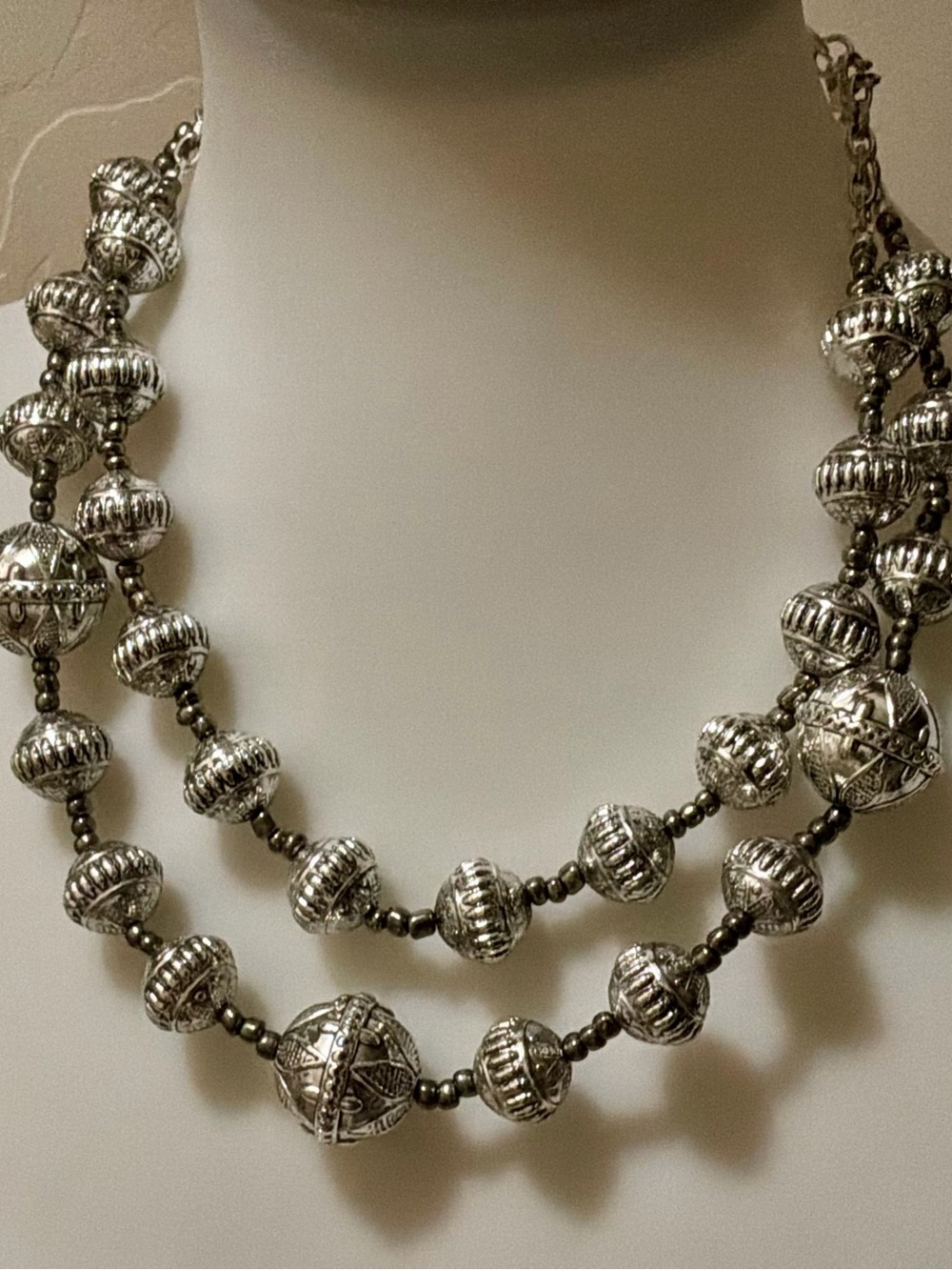 Premier Designs Double Strand Lightweight Silver Tone Textured Bead Necklace